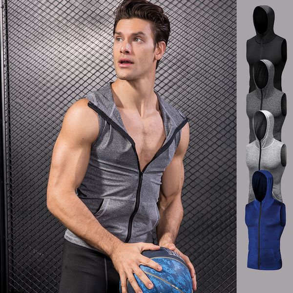 

sleeveless sport hoodie men's jacket quick dry tight running high vest jacket gym fitness elastic clothing men's sportswear cffjo, Black