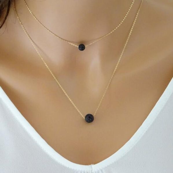 

fashion black lava stone beads multilayer necklace aromatherapy essential oil perfume diffuser pendant necklace for women jewelry, Silver