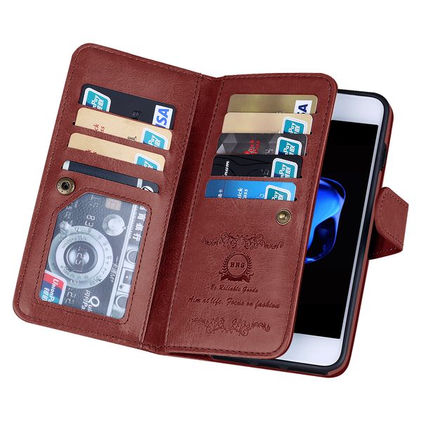 

for iphone 8 plus case detachable crazy horse oil wax pu leather phone case multi card slots wallet case