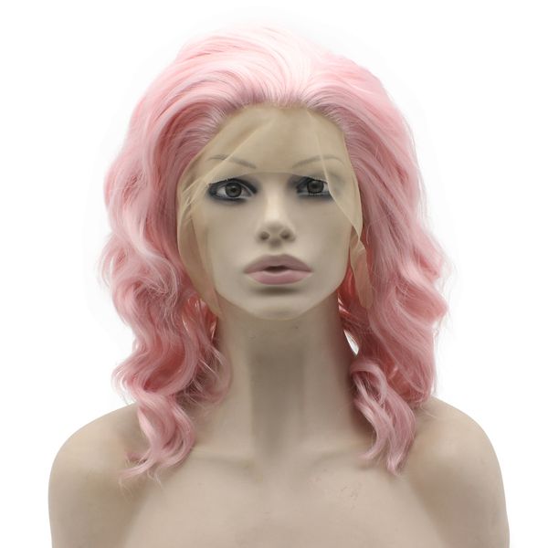 Parrucca da festa in capelli sintetici rosa alla moda, lunghezza alla spalla, allacciata a mano