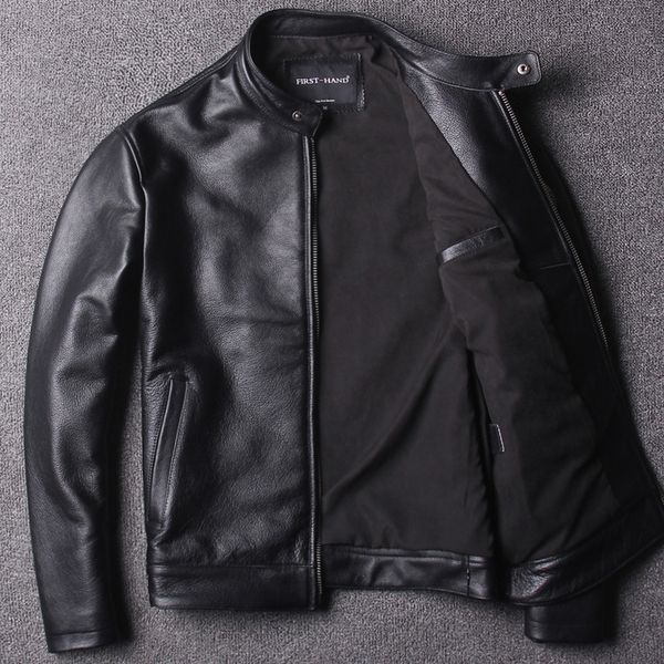 

genuine leather jacket men autumn spring stand collar motorcycle cow leather clothing real jackets men clothes 2018, Black