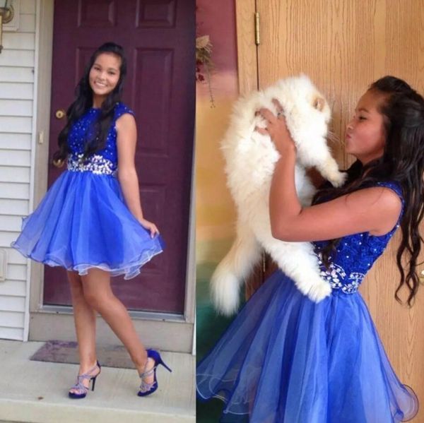 

2019 lovely royal blue lace applique a line homecoming dresses jewel sleeveless zipper short mini length party dresses with crystals, Blue;pink