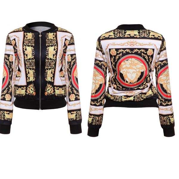 

v-neck autumn female bomber jackets retro baseball coat for women denim casual print feminina basic outerwear gold chain print clothes, Black;brown