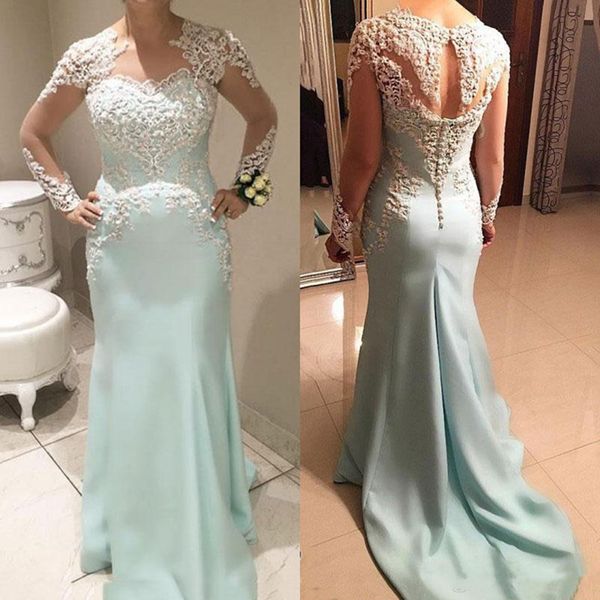 Mermaid Sheer Mermaid maniche lunghe Madre della sposa Abiti Applique Abiti di pizzo Abiti da sera CUstom Made Plus Size Wedding Guest Dress