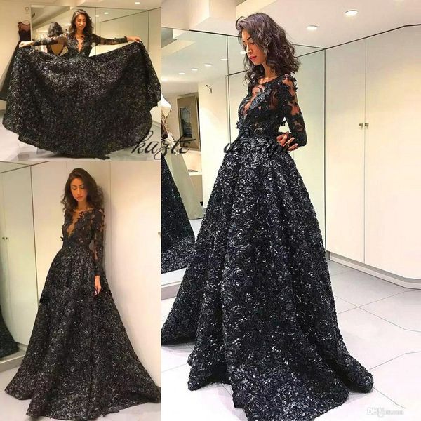 

black ball gown prom pageant dresses scoop neck with 3d rose flower formal evening gowns plus size long sleeve vestidos de fiesta, Black;red