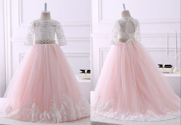 2021 cor-de-rosa com laço de marfim uma linha flor meninas vestido barato longo pérolas fita keyhole de volta lace up tulle primeiro vestido de comunhão