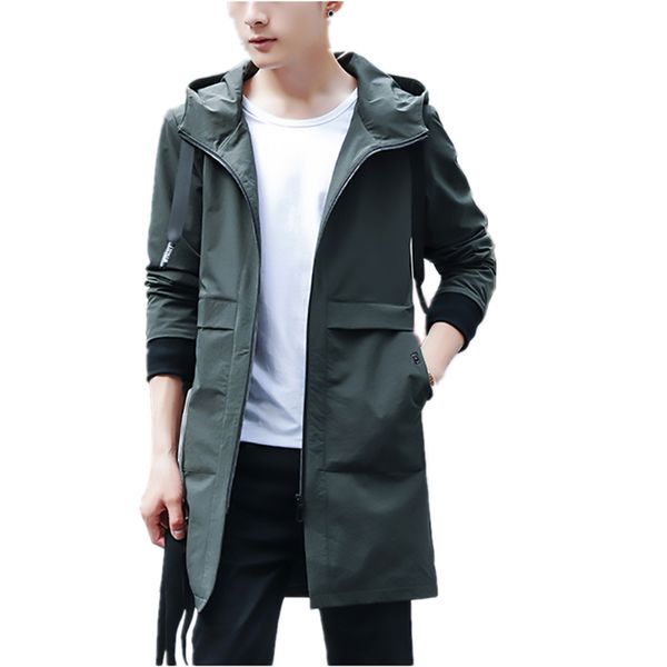 

men trench long solid color polyester fiber hood waist waist slimming temperament pocket zipper casual trench, Tan;black