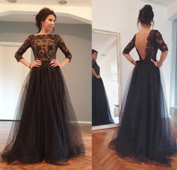 

charming prom dresses 2018 pageant evening dress with long sleeve sheer bateau floor length black open back lace custom made dress 101
