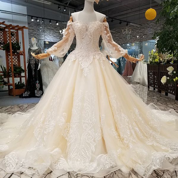 

корсет невесты свадебное платье элегантный длинный поезд свадебные платья с плеча милая длинные рукава тюль свадебное платье 2019 новый, White