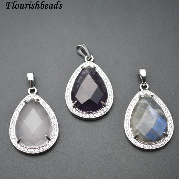 

faceted natural labradorite rose quartz amethyst waterdrop cz beads stone pendant setting metal frame jewelry, Silver