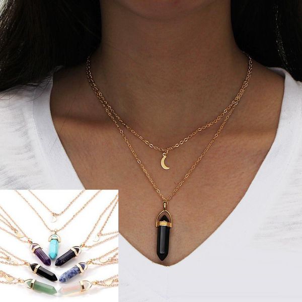 

american and fashion chains natural european bullet stone hexagonal wholesale necklace necklaces double layer moon necklace spwmw