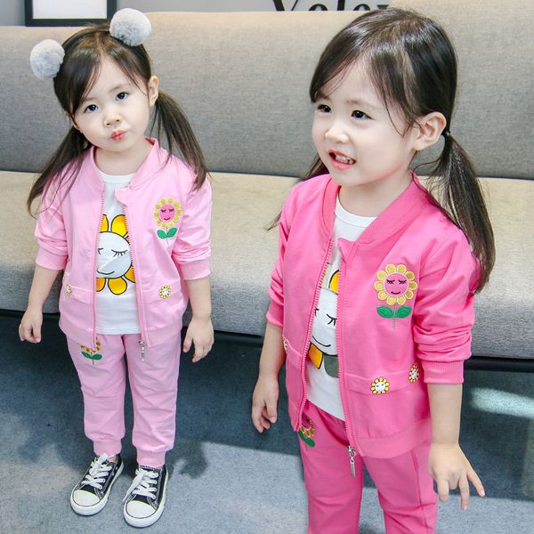 

spring autumn children boys girls cotton clothes baby cartoon flower jacket t-shirt pants 3pcs/sets toddler tracksuits, White