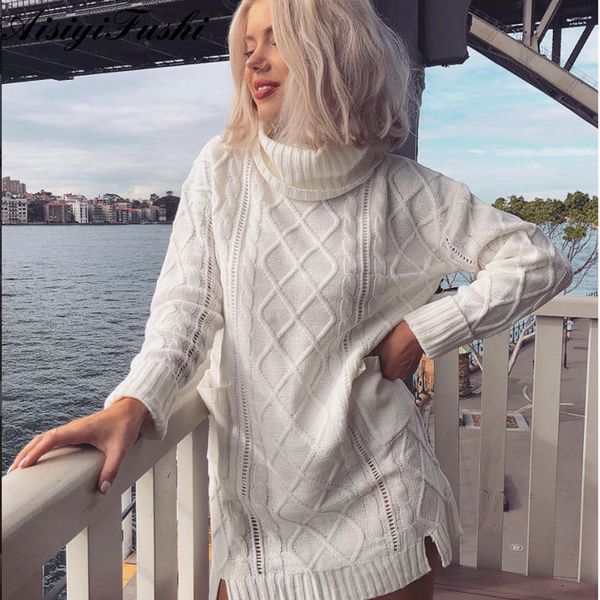 

women's white turtleneck sweater hollow out coarse cable knit oversized sweater dress winter women warm baggy female, White;black