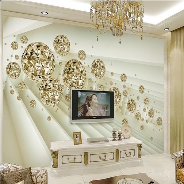 

3d stereo abstract space wallpaper background golden sphere ball mural tv background wall porch living room decor
