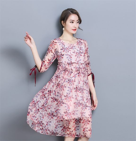 

женщины платье в рукаве свободные печати высокого класса шелковое шелковое платье в длинной юбке женские летние, Black;gray