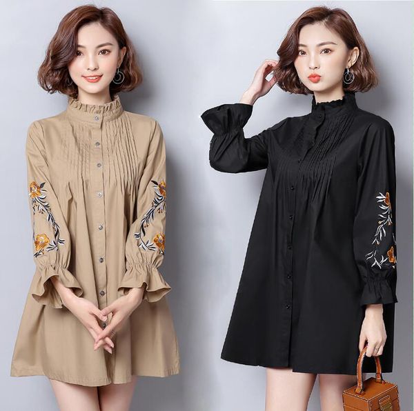 

2017 autumn summer vestidos women elegant office casual long sleeve big plus size embroidery ruffle shirt 5xl, White