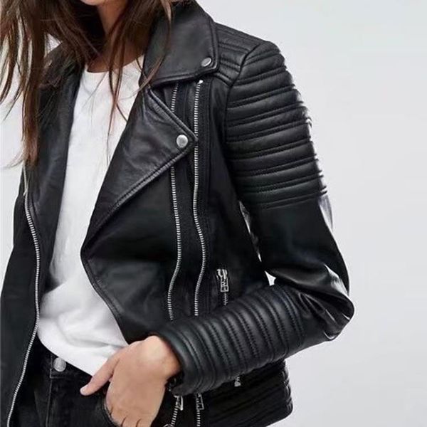 

2018 autumn new fashion women motorcycle leather jacket long sleeve biker streetwear moto faux leather coat pu outwear, Black