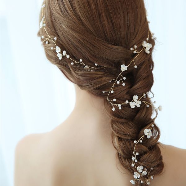 Handmade Blossom Gold Long Hair Vine Bridal Headband Pearls Hair