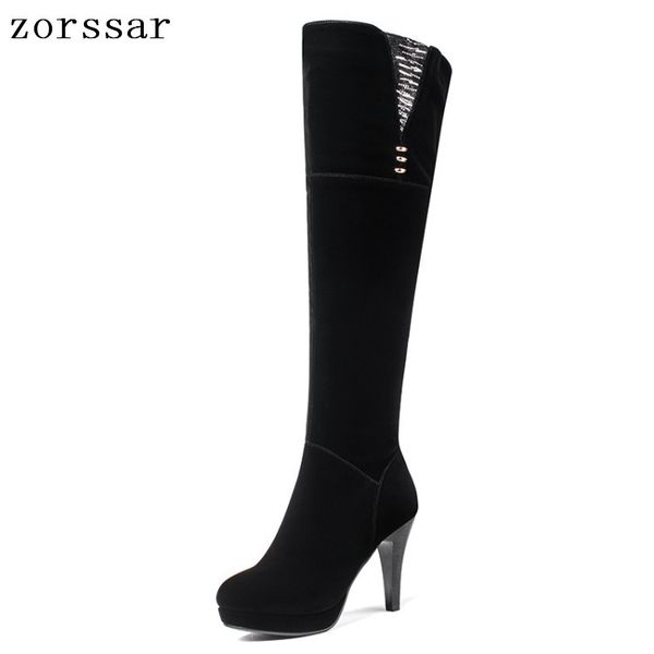 

zorssar} flock leather women boots winter fashion over the knee boots thin high heels women platform shoes size 40, Black