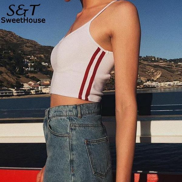 

crop spaghetti strap stripped cami sporting basic camisole tank womens top, White