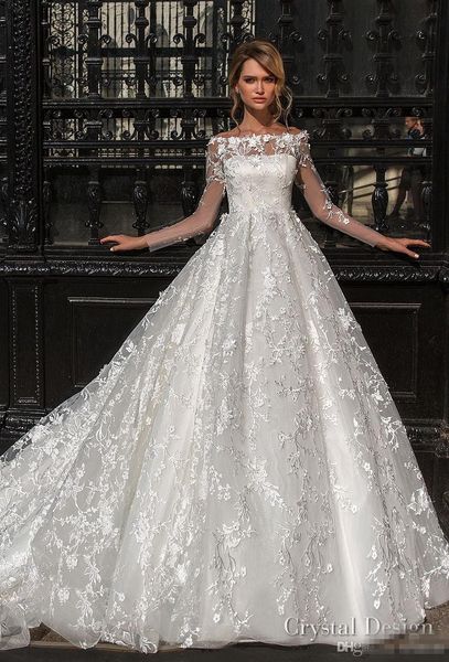

2018 a-line wedding dresses with sheer long sleeve crew neck full lace appliqued wedding gowns sweep train custom made
