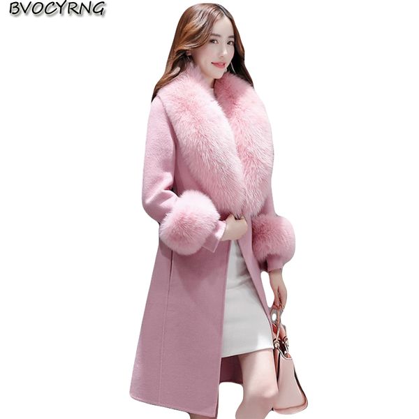 

2018 high-end autumn and winter long woolen coat female slim tie with fur collar wool woolen coat elegant women warm parka, Black