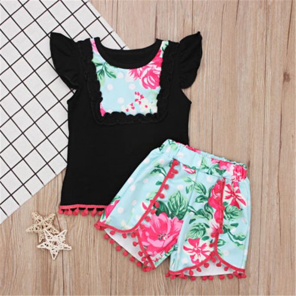 

2pcs summer clothes for 1-7y pretty kids baby girls fly sleeve t shirts tassel ball short pants outfits floral clothing set, White