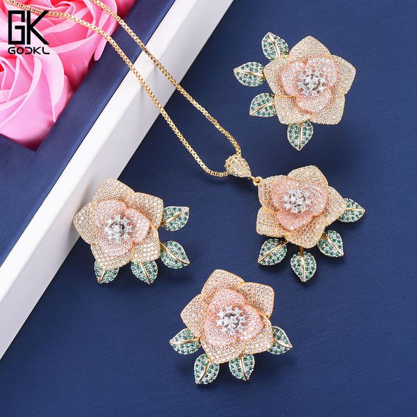 

godki luxury flower necklace earring sets cubic zircon crystal cz jewelry set for women wedding dubai bridal jewelry set, Silver