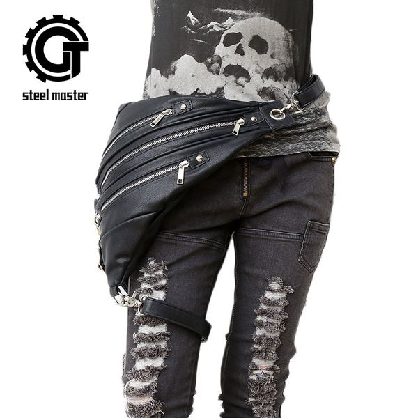 

fashion women holster leg waist bag black leather motorcycle thigh bag retro rock steampunk crossbody shoulder hip back packs