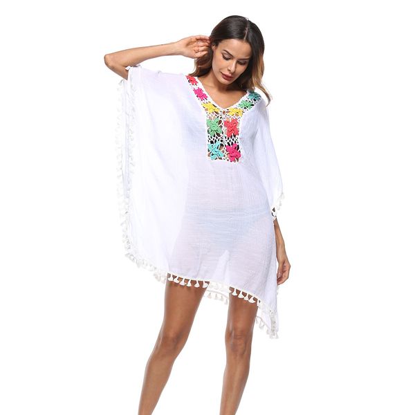 

women's swimwear women bikini cover-ups summer beach loose casual dress flower tessels hook out dressing, White;black