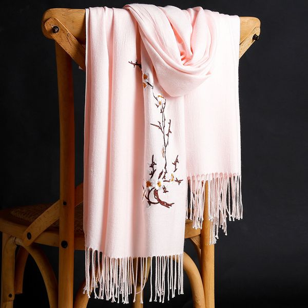 

new autumn and winter 2018 cashmere embroidery scarf woman thickened solid color warm fringe shawl shawl wholesale, Blue;gray