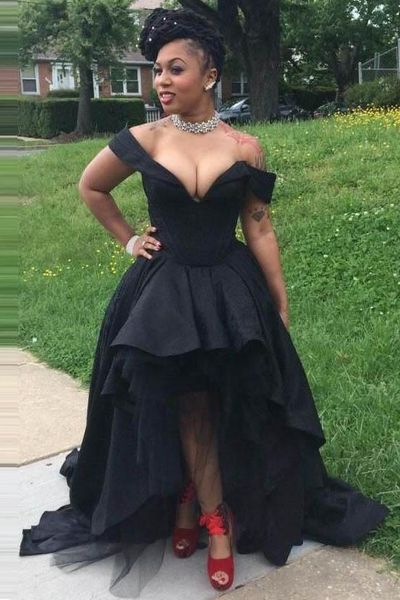 

tulle deep v neck high low a line prom dresses black formal evening gowns custom made satin tiered popular stunning