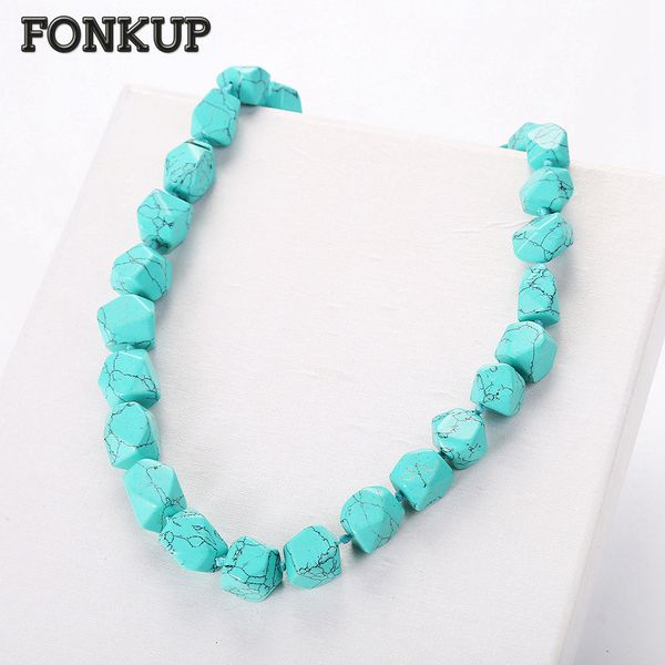 

fonkup men big necklace blue turquoise jewelry natural stone chains punk women ornaments engagement joyas geometric honeycomb, Silver