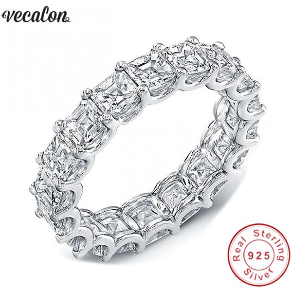 Vecalon Fedi nuziali per donna Anello in argento sterling 925 Taglio principessa 4mm Diamante Cz Anelli di fidanzamento per donna Gioielli con dita