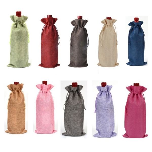 

rustic jute burlap bottle bags drawstring wine bottle covers wedding party champagne linen package gift bags 15*35cm