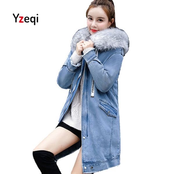 

yzeqi 2018 autumn winter denim jacket women hooded outerwear female hooded faux fur collar coat jeans parka femme casaco jacket, Black