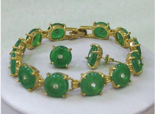 

natural green jade bracelet earrings set 7.5" aaaar, Black