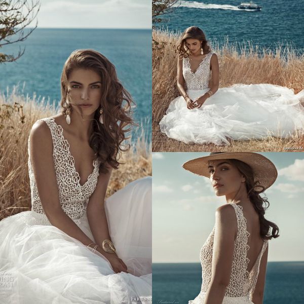 

fabienne alagama a line beach wedding dresses v neck lace tulle sweep train bridal gowns plus size vestidos de noiva, White