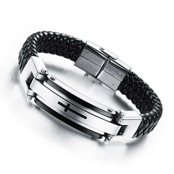 

gold black color fashion simple men's leather cross bangle stainless steel bracelet watchband jewelry gift for men boys 916