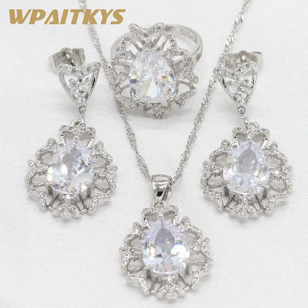 

925 silver jewelry sets for women 4 color available water drop zirconia silver color earrings necklace pendant ring gift box, Slivery;golden