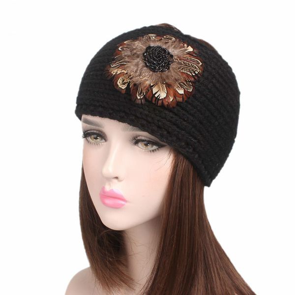 

europe classic headband for lady large size feather beads warm knit headband extensible opening wool hair band for women