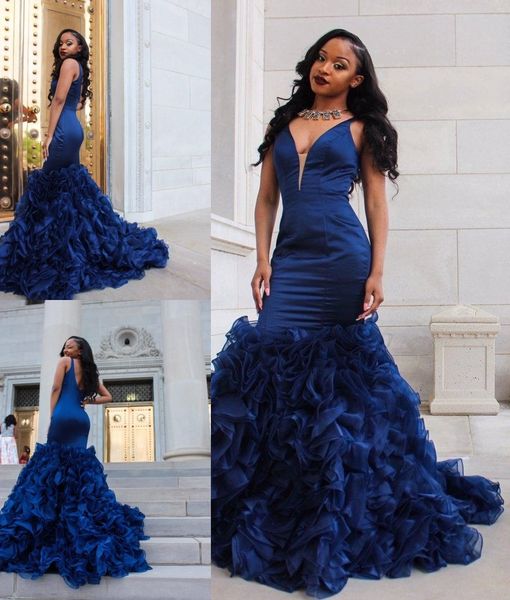 

2021 royal blue prom dresses mermaid evening gowns long deep v neck satin sleeveless ruffles organza skirt formal party dresses, Black