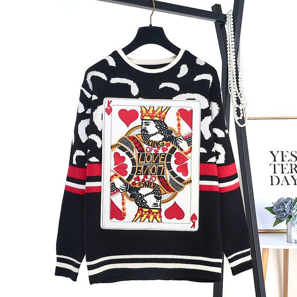 

brand designer women wool runway sweaters 2018 autumn winter round neck appliqued king of love letters embroidery pullover jumpers knit, White;black