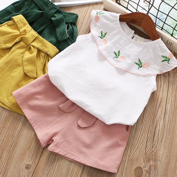 

оптовой сладких дети дизайнер одежды девочки ruffles цветочной эпикировка тройники и лук шорты лето сладких конфеты цвет ребенок девушка диз, White