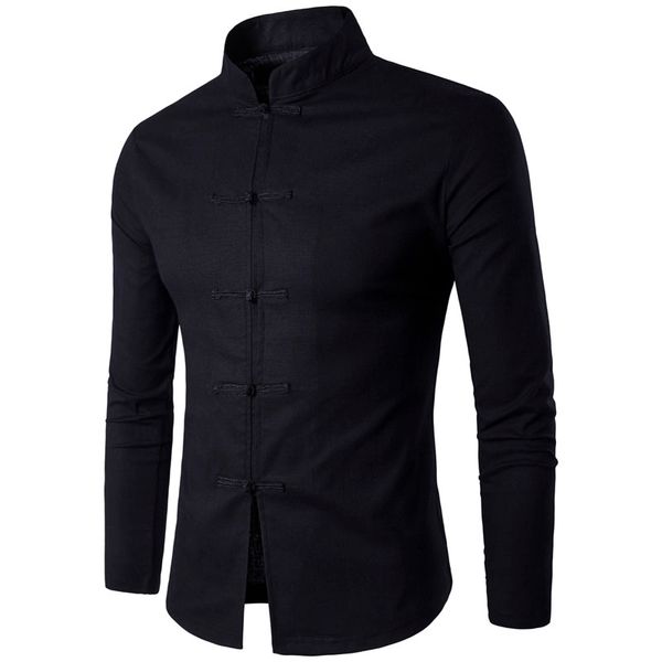 

helisopus chinese traditional male tang suit men's long sleeve linen shirt solid color mandarin collar casual shirts, White;black