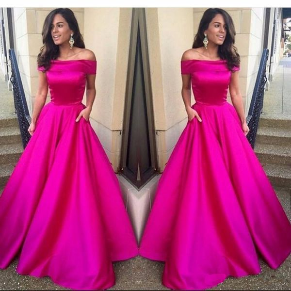 

Newest Design Fushia Long Prom Dresses Simple Style A-Line Elegant Off-the-shoulder Evening Gowns Robe De Soiree Custom Made