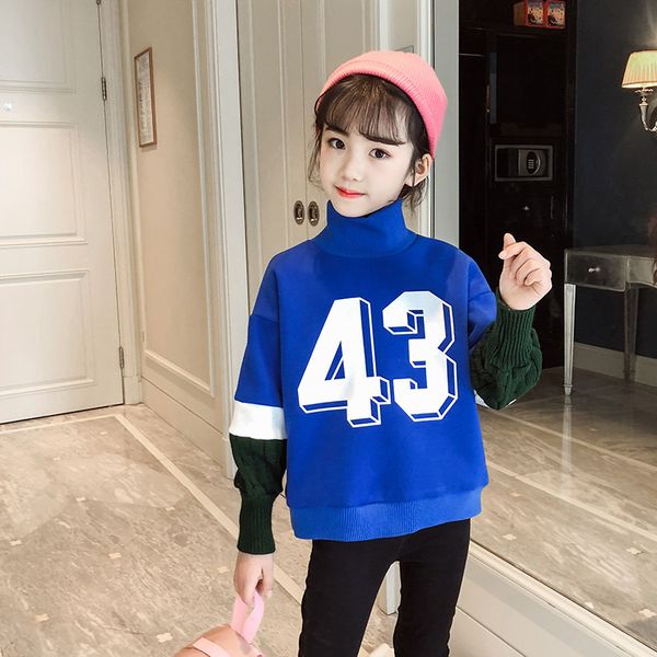 

girls long patchwork sleeve hoodless pullover turtleneck casual tee letters pattern soft spring autumn fleece hoodies, Black