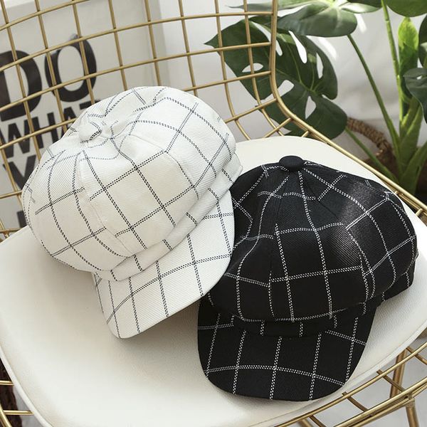 

octagonal cap female spring and summer thin section cotton cap literary wild pure color plaid painter korean beret, Blue;gray
