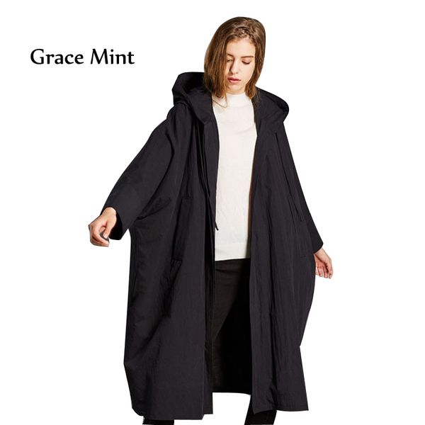 

hooded trench coat autumn long jacket women's windbreakers batwing sleeve big size loose overcoat, Tan;black