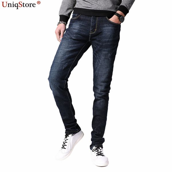 

vogue denim cotton four seasons men jeans full length slim straight soft comfort casual style zip button pocket zipper, Blue